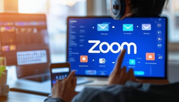 Zoom logo on a computer with a person pointing at it