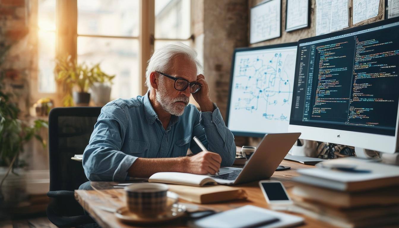 The image depicts a senior software engineer sitting in a modern home office, surrounded by multiple screens displaying coding interfaces and educatio-4