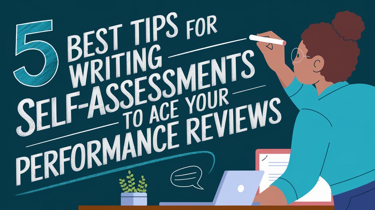 A girl writing on a black board. the text says 5 best tips for writing self-assessments to ace your performance reviews